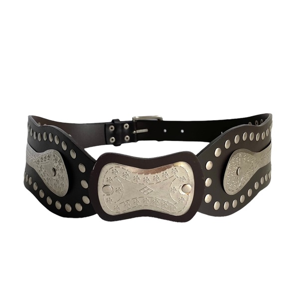 Vintage Accessories - Vintage Style Wide Waist Belt Brown Corset Medallion Faux Leather Womens Medium